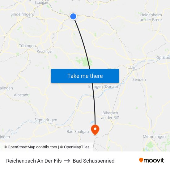 Reichenbach An Der Fils to Bad Schussenried map
