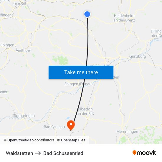 Waldstetten to Bad Schussenried map