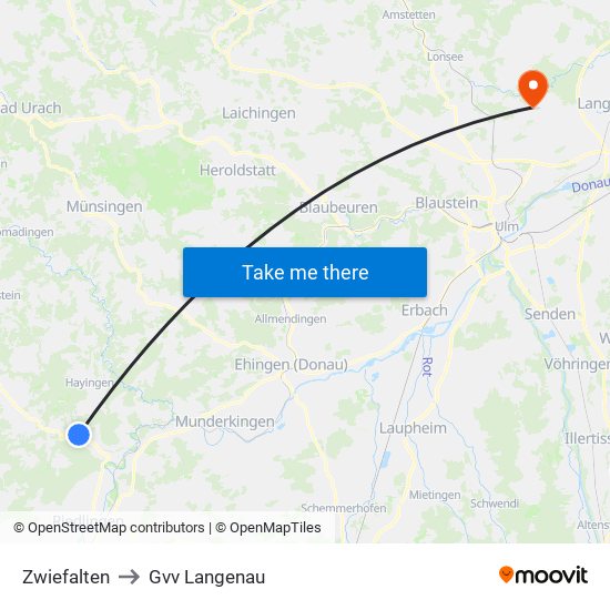 Zwiefalten to Gvv Langenau map