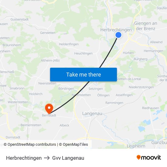 Herbrechtingen to Gvv Langenau map