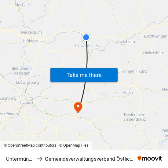 Untermünkheim to Gemeindeverwaltungsverband Östlicher Schurwald map