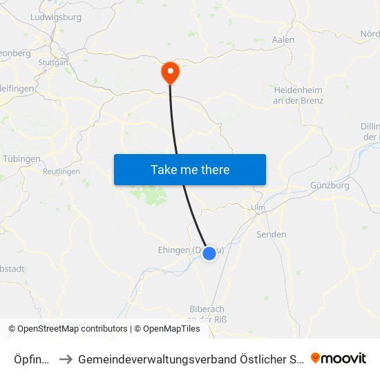 Öpfingen to Gemeindeverwaltungsverband Östlicher Schurwald map