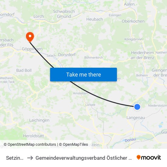 Setzingen to Gemeindeverwaltungsverband Östlicher Schurwald map