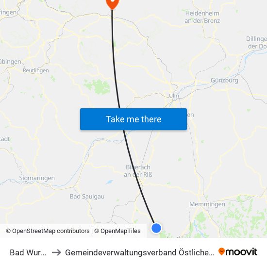 Bad Wurzach to Gemeindeverwaltungsverband Östlicher Schurwald map