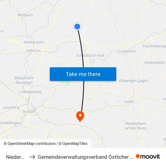 Niedernhall to Gemeindeverwaltungsverband Östlicher Schurwald map