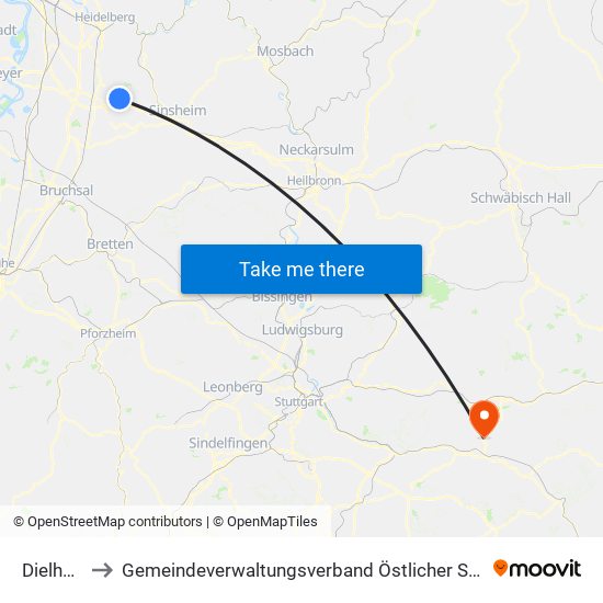 Dielheim to Gemeindeverwaltungsverband Östlicher Schurwald map