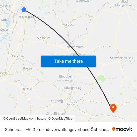 Schriesheim to Gemeindeverwaltungsverband Östlicher Schurwald map