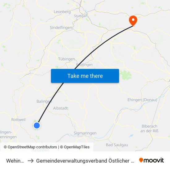 Wehingen to Gemeindeverwaltungsverband Östlicher Schurwald map