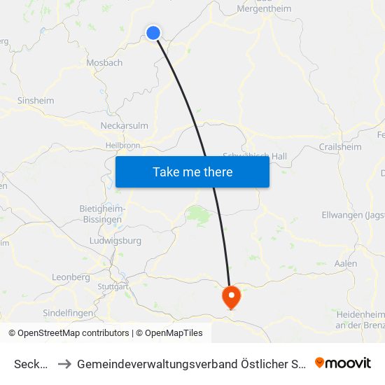 Seckach to Gemeindeverwaltungsverband Östlicher Schurwald map