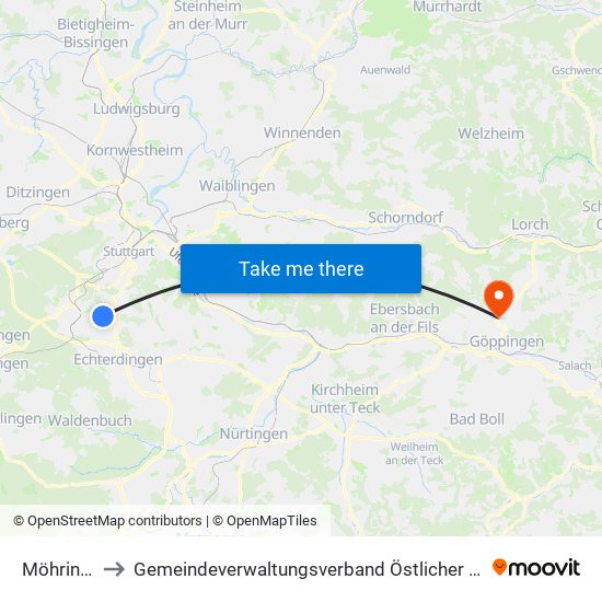 Möhringen to Gemeindeverwaltungsverband Östlicher Schurwald map
