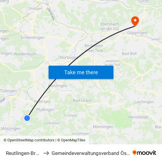 Reutlingen-Bronnweiler to Gemeindeverwaltungsverband Östlicher Schurwald map