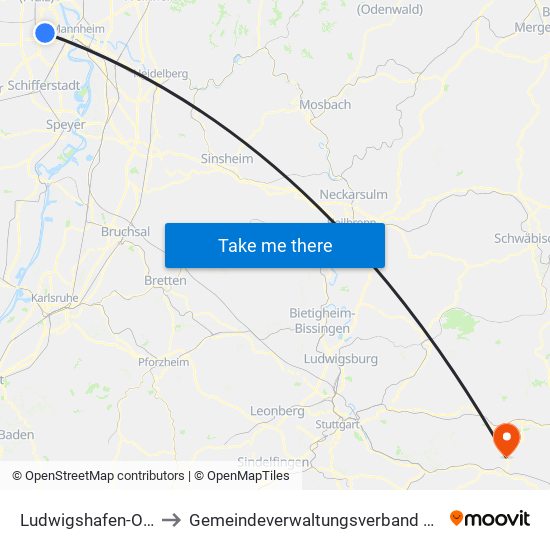 Ludwigshafen-Oggersheim to Gemeindeverwaltungsverband Östlicher Schurwald map