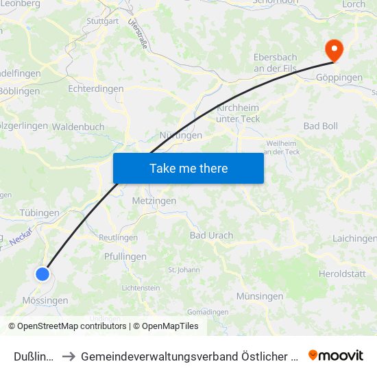 Dußlingen to Gemeindeverwaltungsverband Östlicher Schurwald map