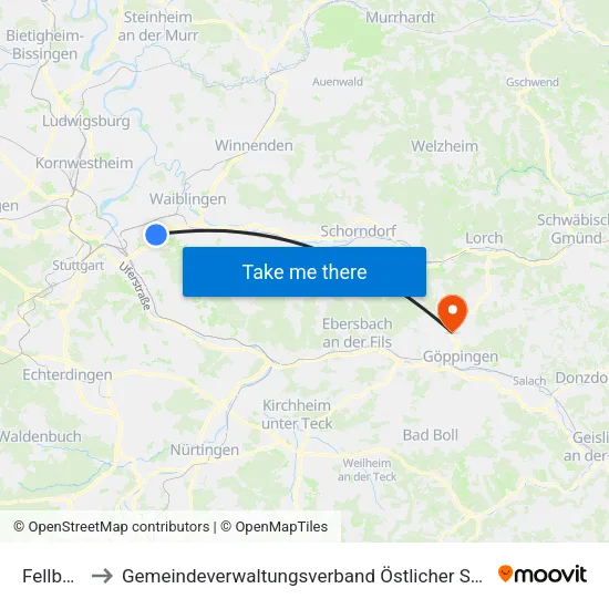 Fellbach to Gemeindeverwaltungsverband Östlicher Schurwald map