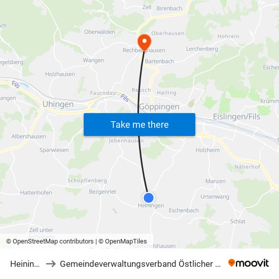 Heiningen to Gemeindeverwaltungsverband Östlicher Schurwald map