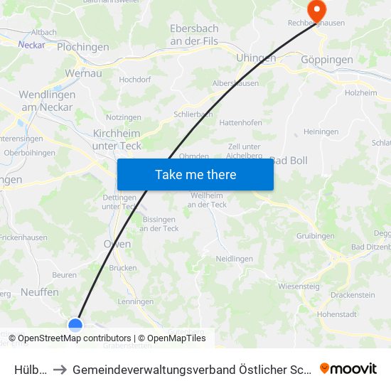 Hülben to Gemeindeverwaltungsverband Östlicher Schurwald map