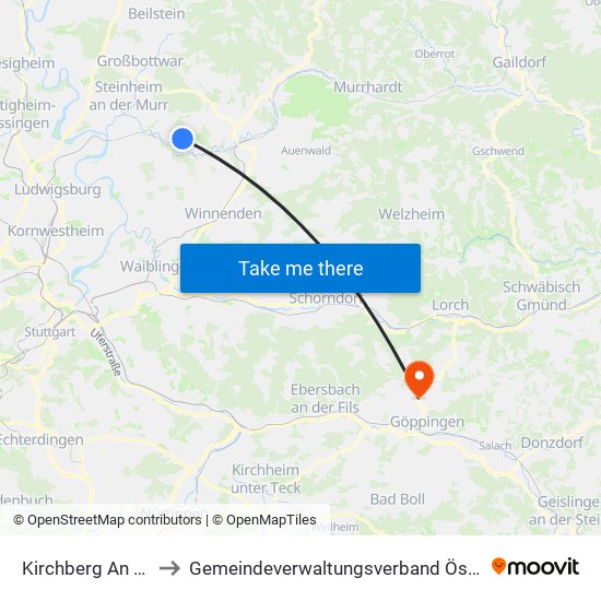 Kirchberg An Der Murr to Gemeindeverwaltungsverband Östlicher Schurwald map