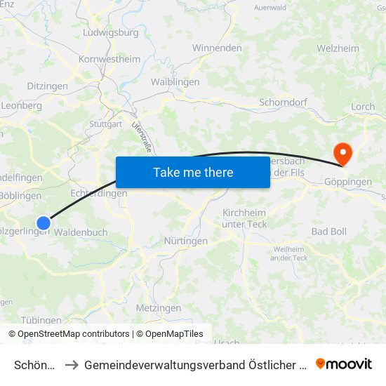 Schönaich to Gemeindeverwaltungsverband Östlicher Schurwald map