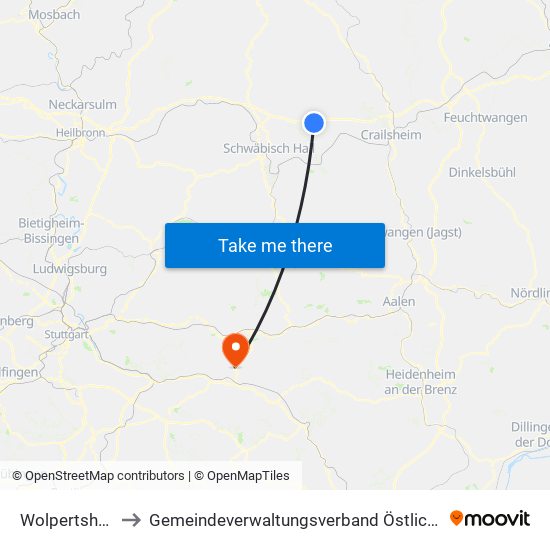Wolpertshausen to Gemeindeverwaltungsverband Östlicher Schurwald map