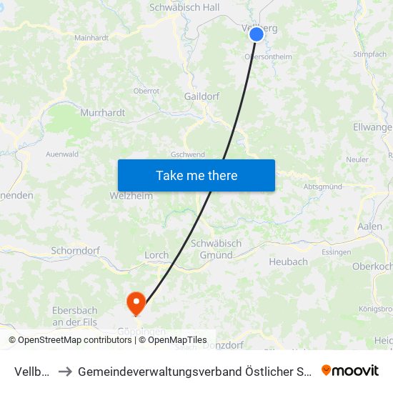 Vellberg to Gemeindeverwaltungsverband Östlicher Schurwald map
