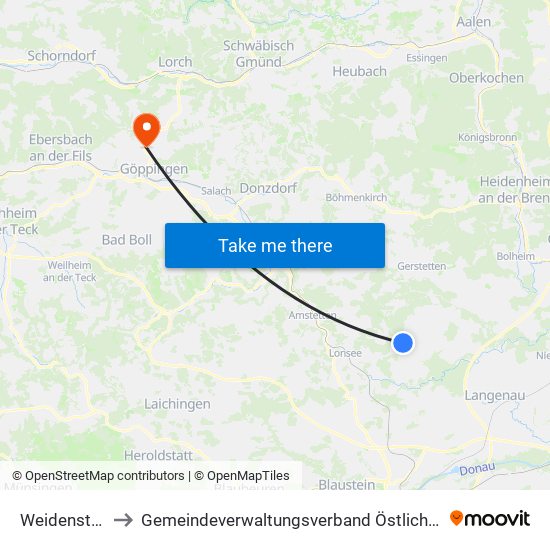 Weidenstetten to Gemeindeverwaltungsverband Östlicher Schurwald map