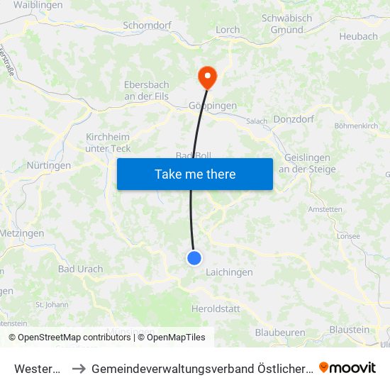 Westerheim to Gemeindeverwaltungsverband Östlicher Schurwald map