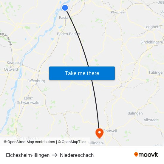 Elchesheim-Illingen to Niedereschach map