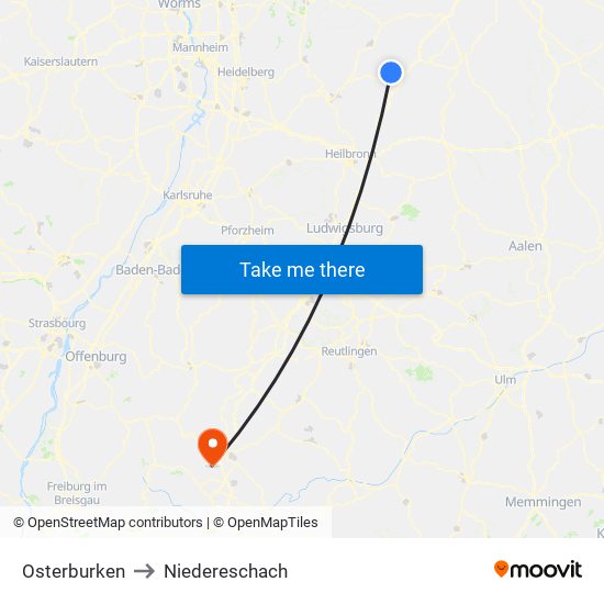 Osterburken to Niedereschach map