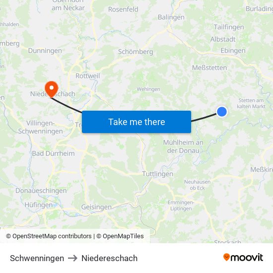 Schwenningen to Niedereschach map