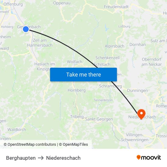 Berghaupten to Niedereschach map