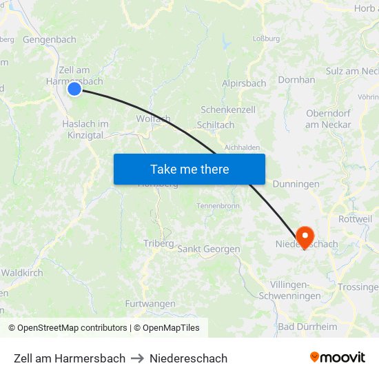 Zell am Harmersbach to Niedereschach map