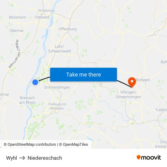 Wyhl to Niedereschach map