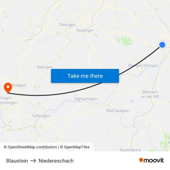 Blaustein to Niedereschach map