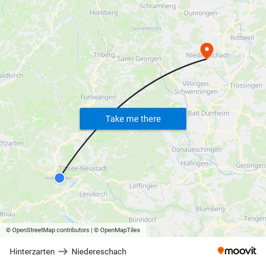 Hinterzarten to Niedereschach map