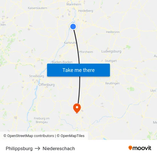 Philippsburg to Niedereschach map