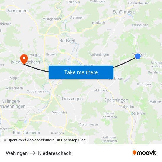 Wehingen to Niedereschach map