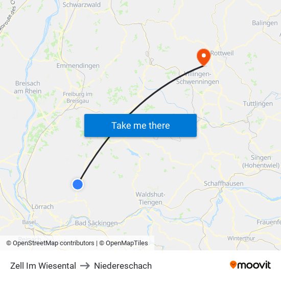 Zell Im Wiesental to Niedereschach map