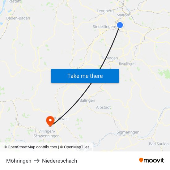 Möhringen to Niedereschach map