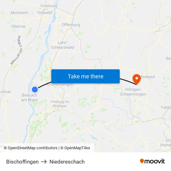 Bischoffingen to Niedereschach map