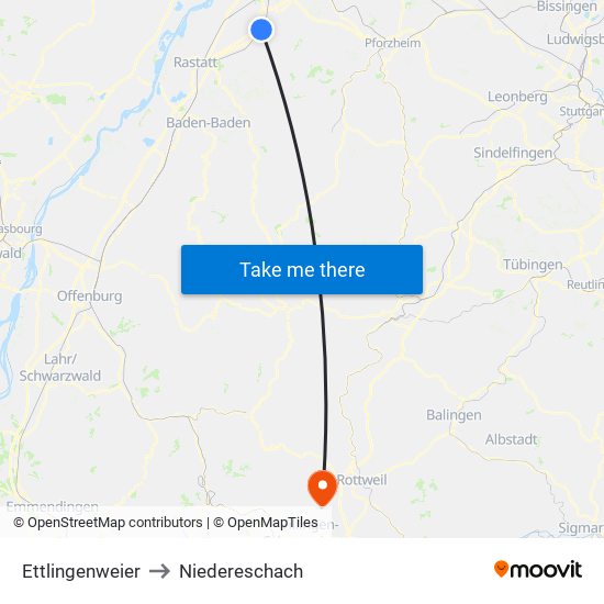 Ettlingenweier to Niedereschach map