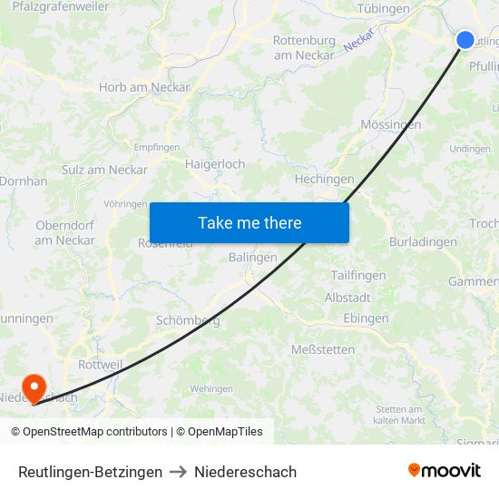 Reutlingen-Betzingen to Niedereschach map