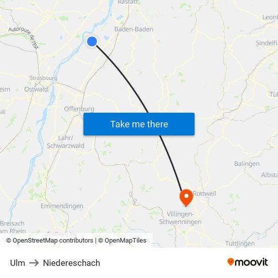 Ulm to Niedereschach map