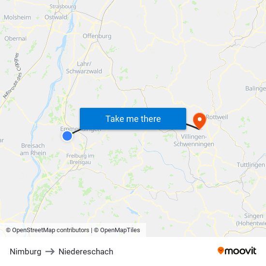 Nimburg to Niedereschach map