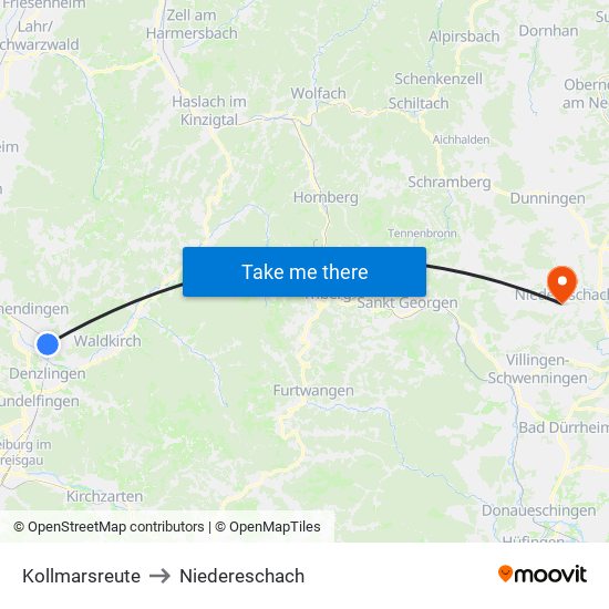 Kollmarsreute to Niedereschach map