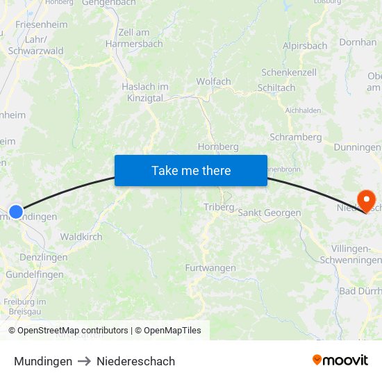 Mundingen to Niedereschach map