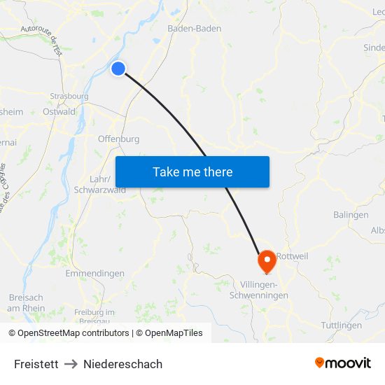 Freistett to Niedereschach map