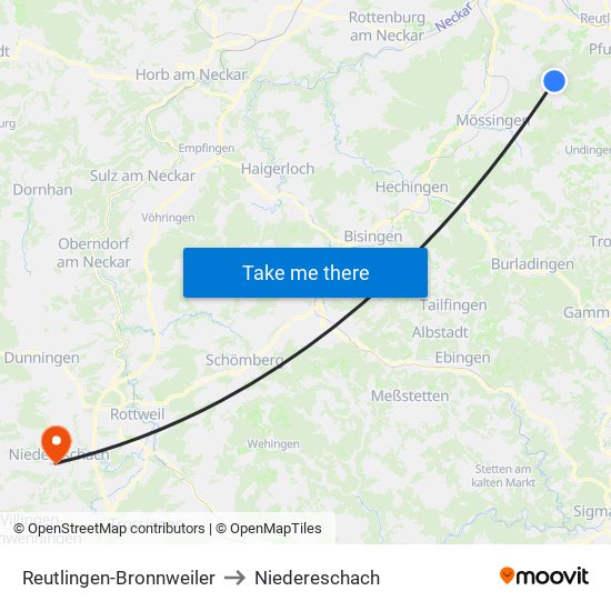 Reutlingen-Bronnweiler to Niedereschach map