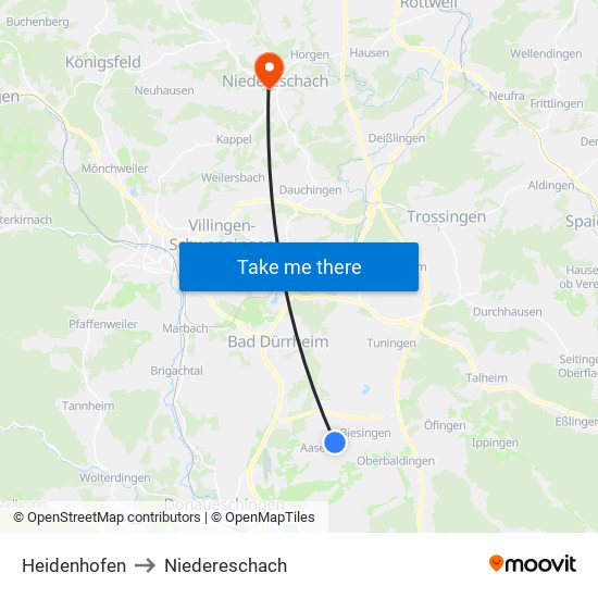 Heidenhofen to Niedereschach map