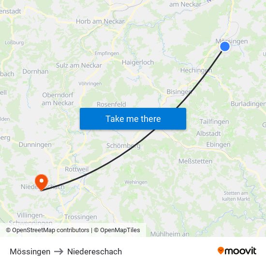 Mössingen to Niedereschach map