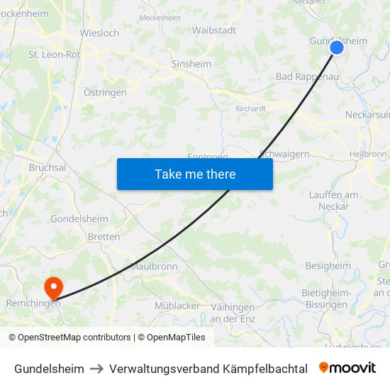 Gundelsheim to Verwaltungsverband Kämpfelbachtal map